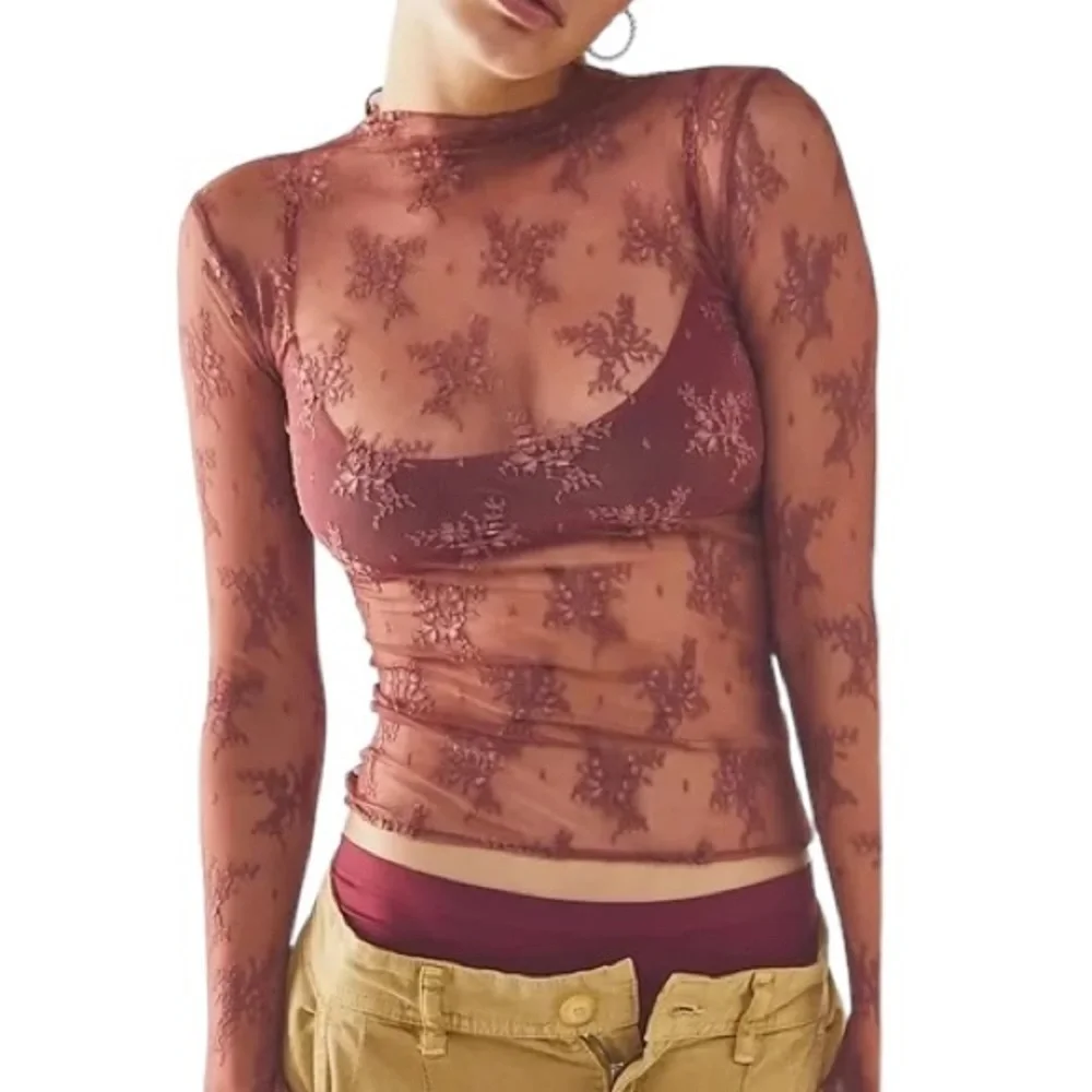 Free People Sheer Floral Long Sleeve Top in Dusty Rose